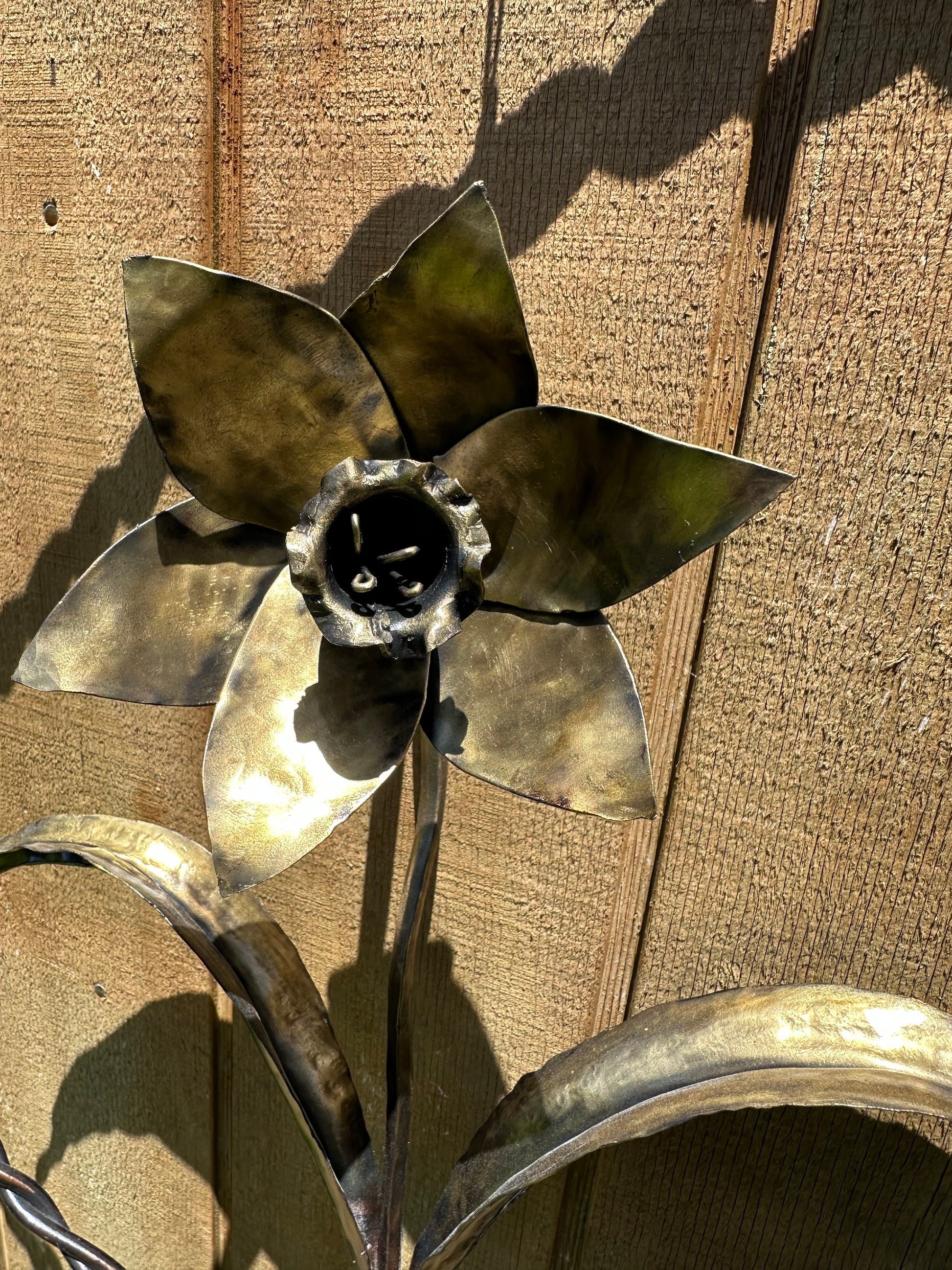 Single daffodil made from mild steel with a dusty gold finish, displayed in a round metal ring.