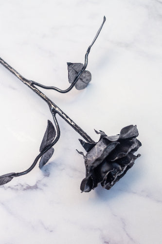 steel rose as seen from the top view. there is exceptional detail in these steel roses that have been handmade. 