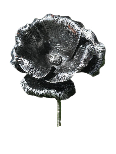 "Hand-forged steel poppy, symbolizing resilience and remembrance with everlasting beauty."